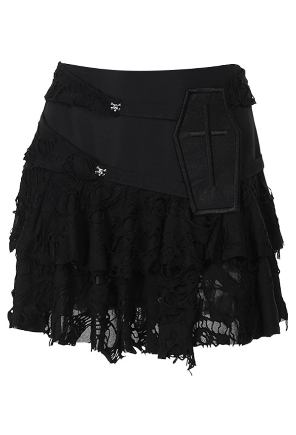 Gothic Half-Skirt Black Ripped Fabric Multi-layer Cake Skirt