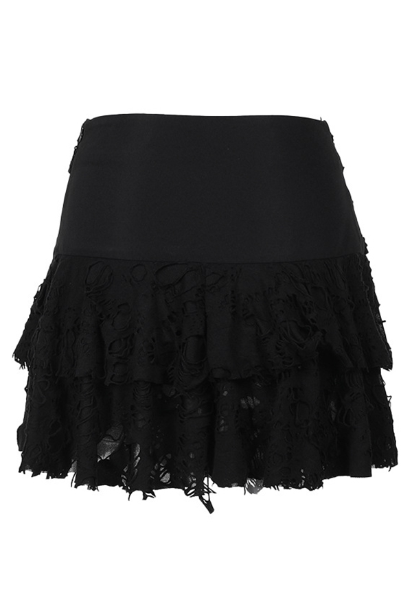 Gothic Half-Skirt Black Ripped Fabric Multi-layer Cake Skirt