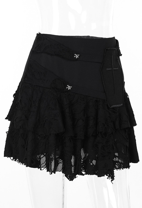 Gothic Half-Skirt Black Ripped Fabric Multi-layer Cake Skirt