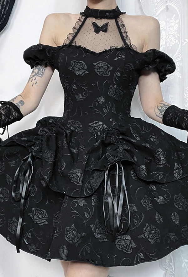 Gothic Style Dress Black Halter Rose Pattern Butterfly Decor Bowknot Dress