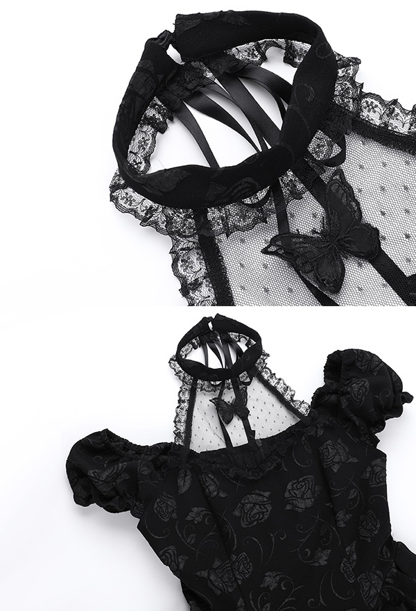 Gothic Style Dress Black Halter Rose Pattern Butterfly Decor Bowknot Dress