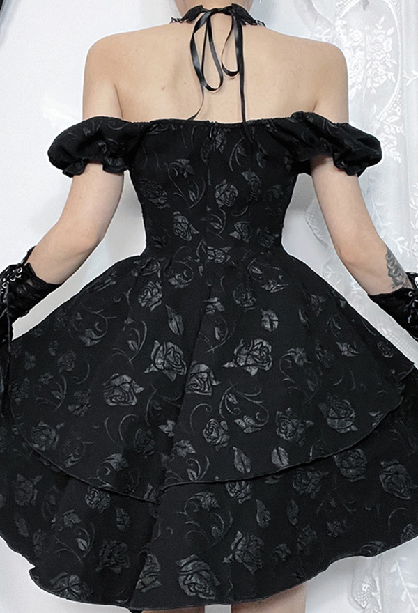 Gothic Style Dress Black Halter Rose Pattern Butterfly Decor Bowknot Dress