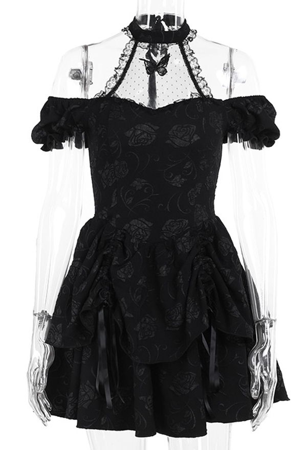 Gothic Style Dress Black Halter Rose Pattern Butterfly Decor Bowknot Dress