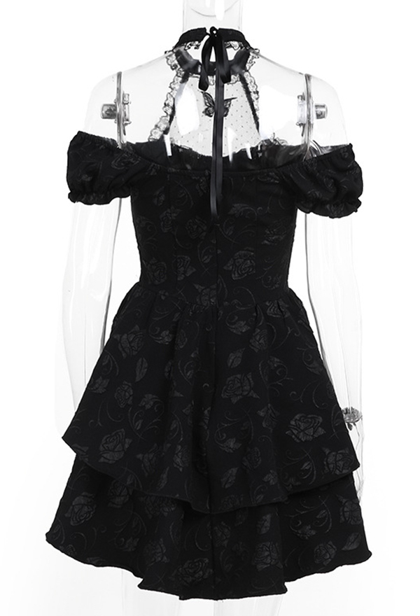 Gothic Style Dress Black Halter Rose Pattern Butterfly Decor Bowknot Dress