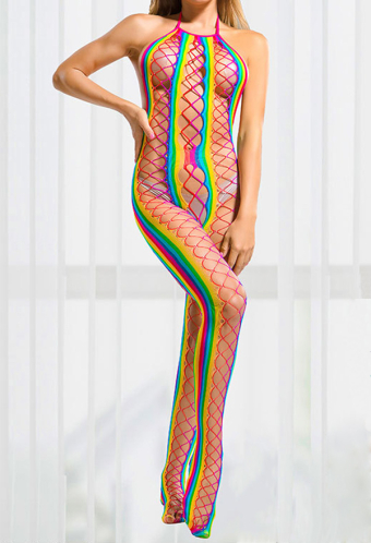 Rainbow Sexy Lingerie Women Halter Backless Bodysuit See-Through Colorful Mesh One Piece Fishnet Bodystockings