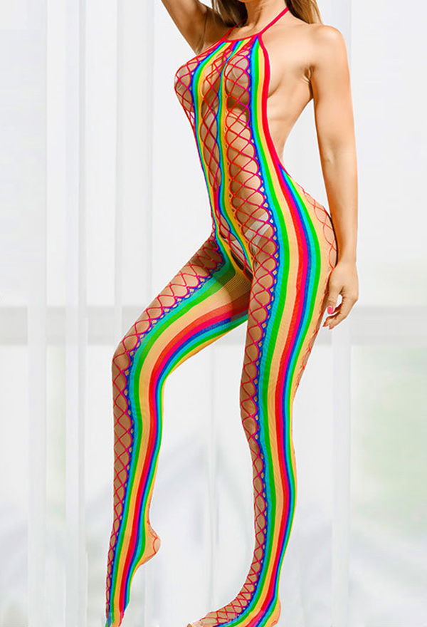 Rainbow Sexy Lingerie Women Halter Backless Bodysuit See-Through Colorful Mesh One Piece Fishnet Bodystockings