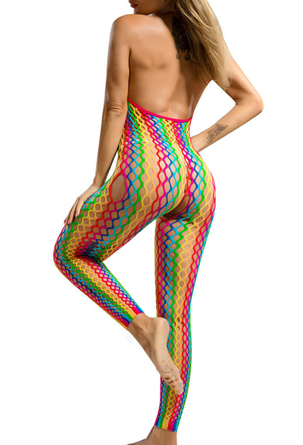 Rainbow Sexy Lingerie Women Halter Backless Bodysuit See-Through Colorful Mesh One Piece Fishnet Bodystocking