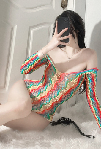 Rainbow Sexy Lingerie Women Bodysuit Off-shoulder Long Sleeve Lingerie See-Through Colorful Mesh One Piece Top