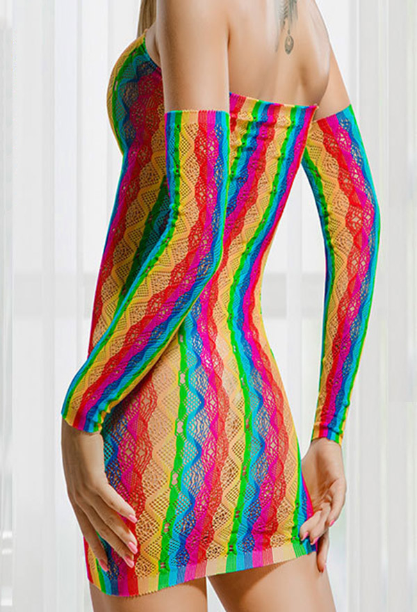 Rainbow Sexy Lingerie Dress Women Lingerie See-Through Colorful Fishnet Dress