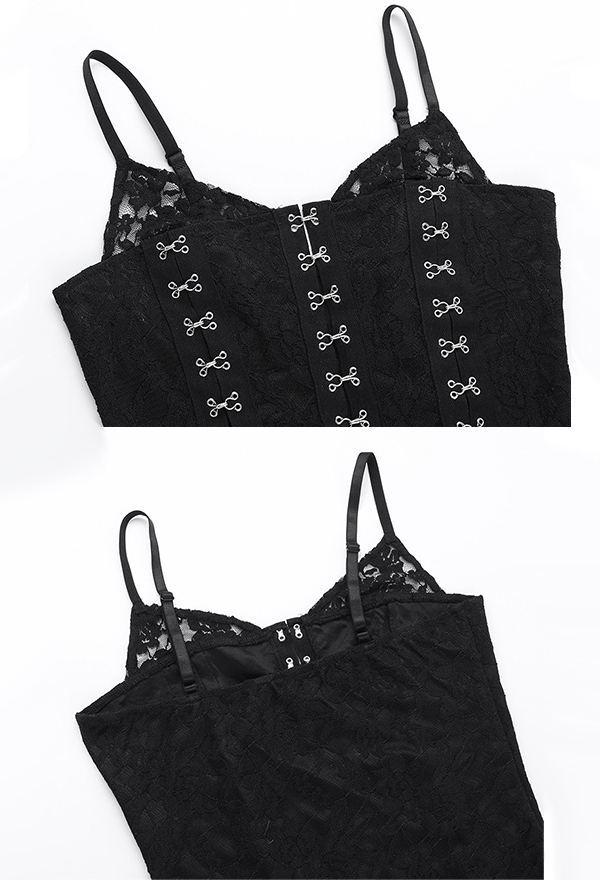 Gothic Style Black Tank Top Versatile Button-Up Camisole Top