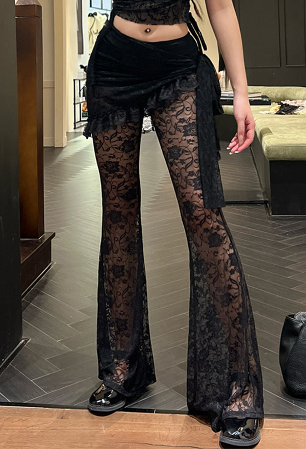 Gothic Flared Pants Black Asymmetric Hollow Lace Slim Fit Long Pants