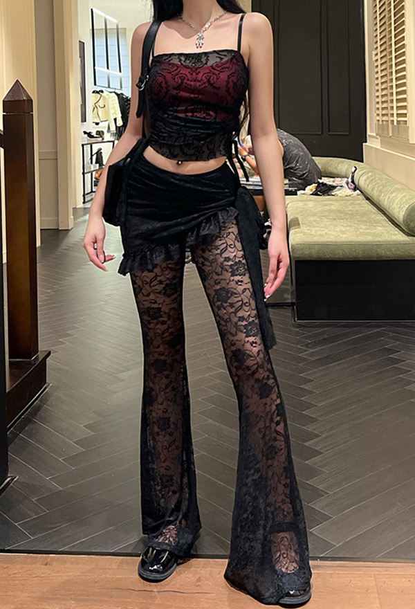 Gothic Flared Pants Black Asymmetric Hollow Lace Slim Fit Long Pants