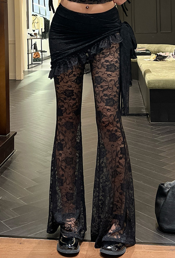 Gothic Flared Pants Black Asymmetric Hollow Lace Slim Fit Long Pants