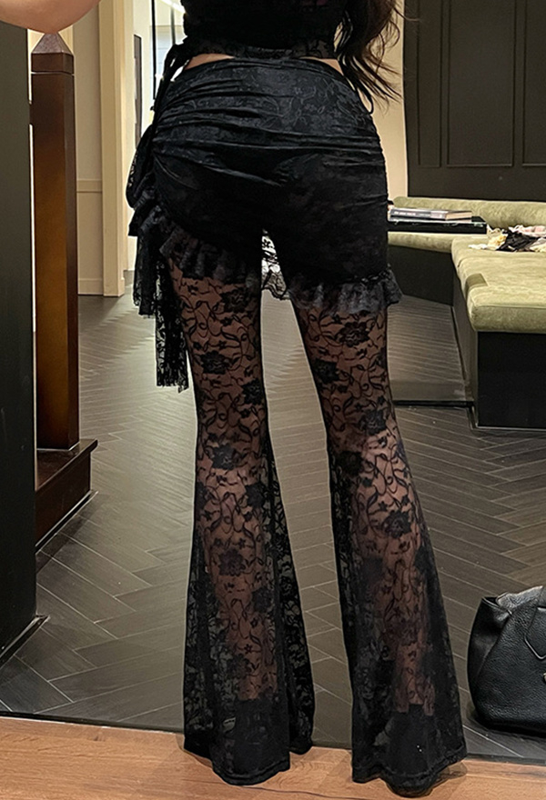 Gothic Flared Pants Black Asymmetric Hollow Lace Slim Fit Long Pants