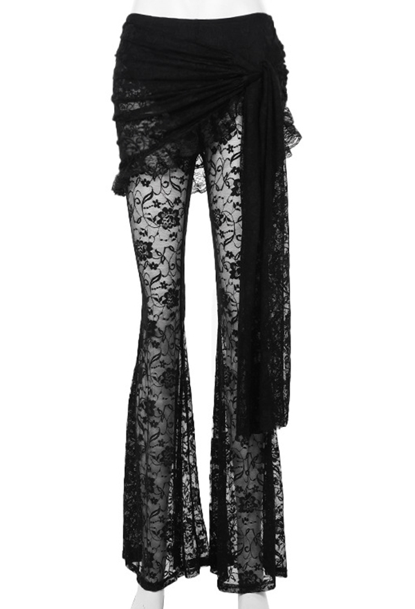 Gothic Flared Pants Black Asymmetric Hollow Lace Slim Fit Long Pants