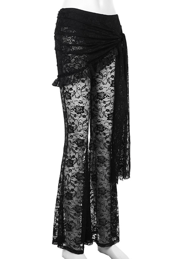 Gothic Flared Pants Black Asymmetric Hollow Lace Slim Fit Long Pants