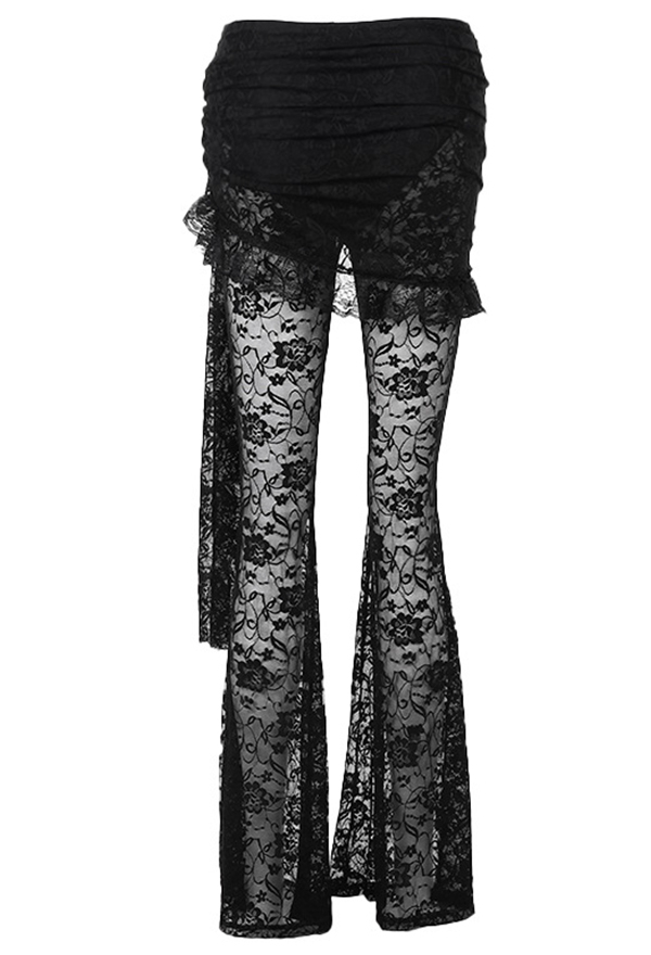 Gothic Flared Pants Black Asymmetric Hollow Lace Slim Fit Long Pants