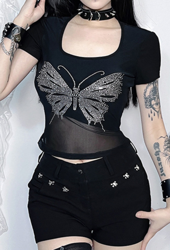 Gothic Short-Sleeve T-Shirt Black Rhinestone Butterfly Pattern Square Collar Mesh See-Through Top