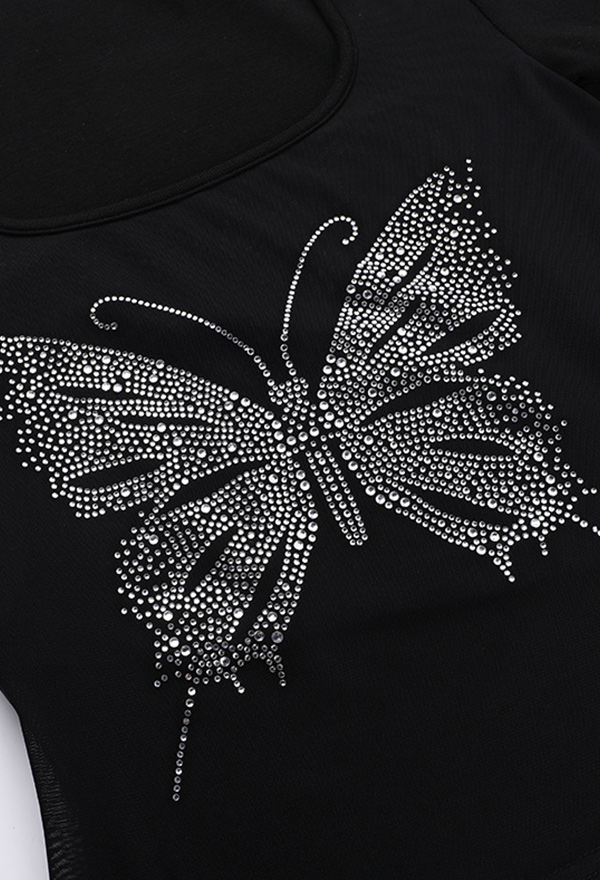 Gothic Short-Sleeve T-Shirt Black Rhinestone Butterfly Pattern Square Collar Mesh See-Through Top