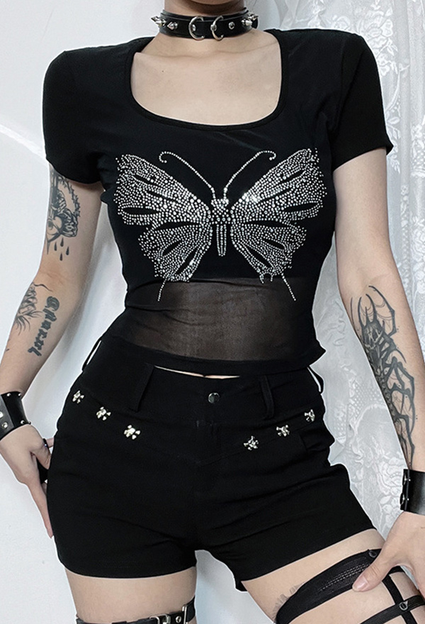 Gothic Short-Sleeve T-Shirt Black Rhinestone Butterfly Pattern Square Collar Mesh See-Through Top