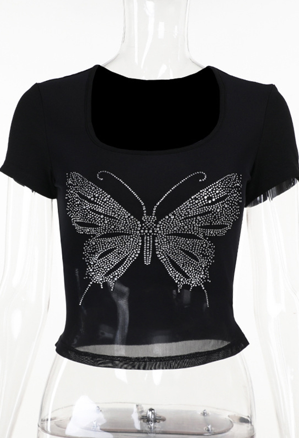 Gothic Short-Sleeve T-Shirt Black Rhinestone Butterfly Pattern Square Collar Mesh See-Through Top