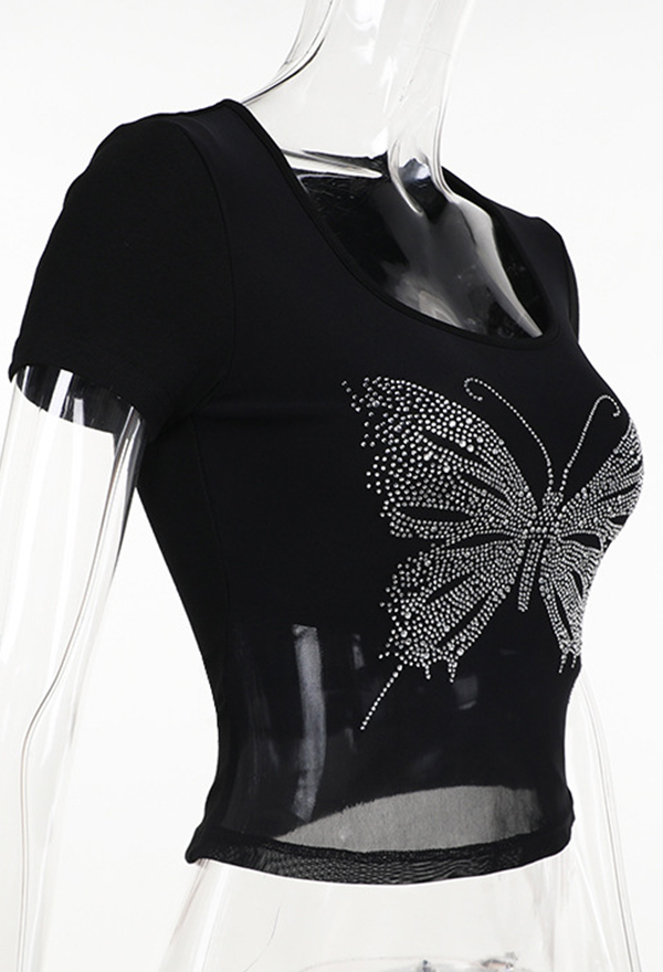 Gothic Short-Sleeve T-Shirt Black Rhinestone Butterfly Pattern Square Collar Mesh See-Through Top