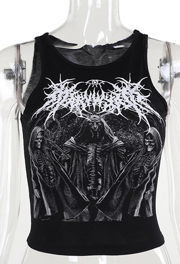 Gothic Short Vest Black Tank Top Death God Print Sleeveless Top