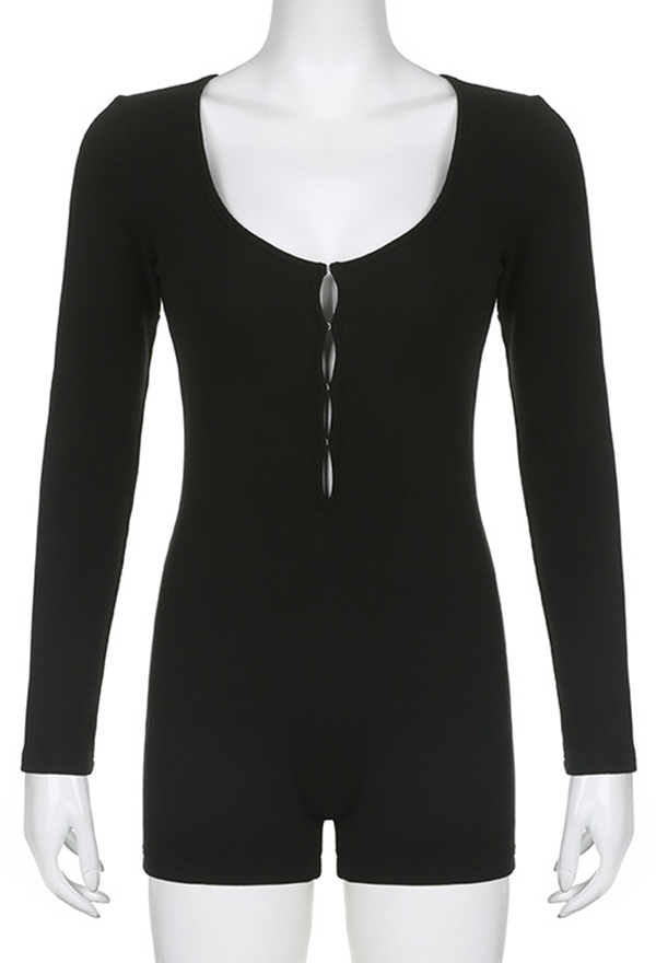 Gothic Style Black Bodysuit Hollow Slim Long Sleeve Jumpsuit for Women