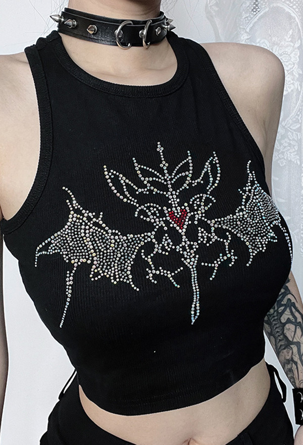 Gothic Style Black Sleeveless Tank Top Bat Pattern Rhinestone Decor Vest Top