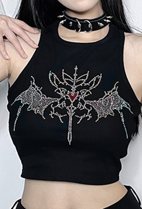 Gothic Style Black Sleeveless Tank Top Bat Pattern Rhinestone Decor Vest Top