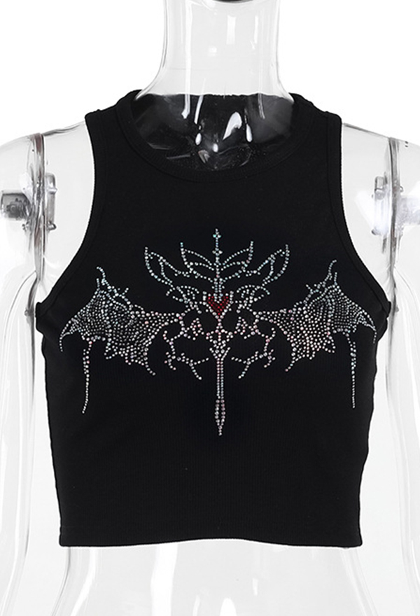 Gothic Style Black Sleeveless Tank Top Bat Pattern Rhinestone Decor Vest Top