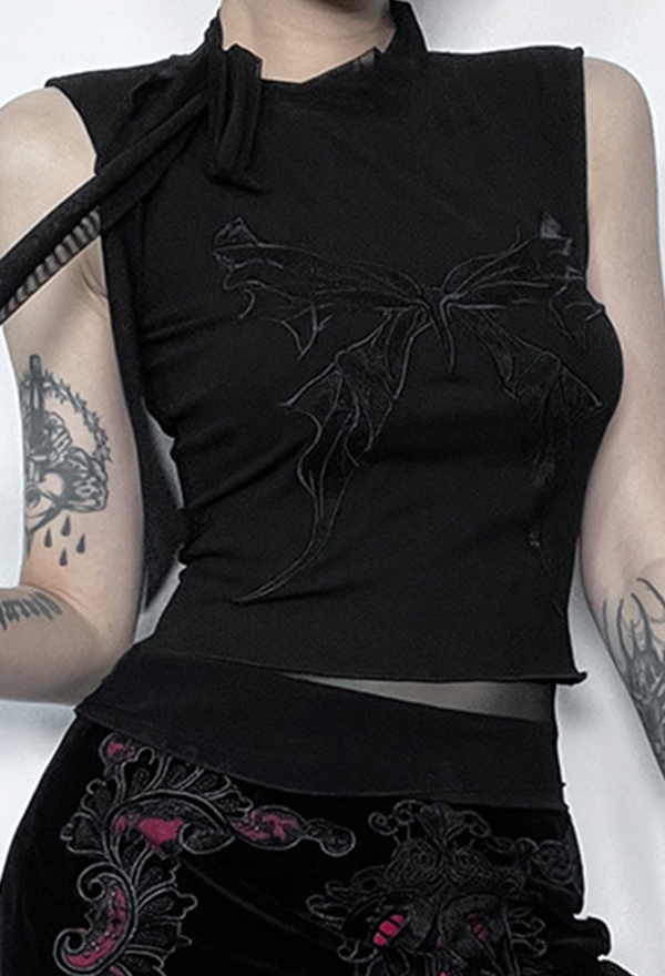 Gothic Style Black Sleeveless Vest Butterfly Embroidery Lace-up Top