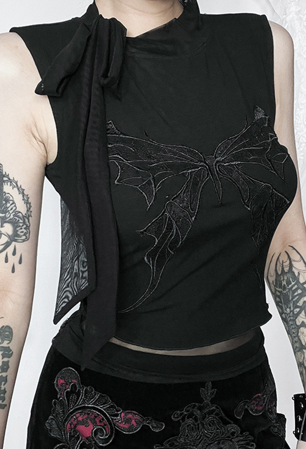 Gothic Style Black Sleeveless Vest Butterfly Embroidery Lace-up Top