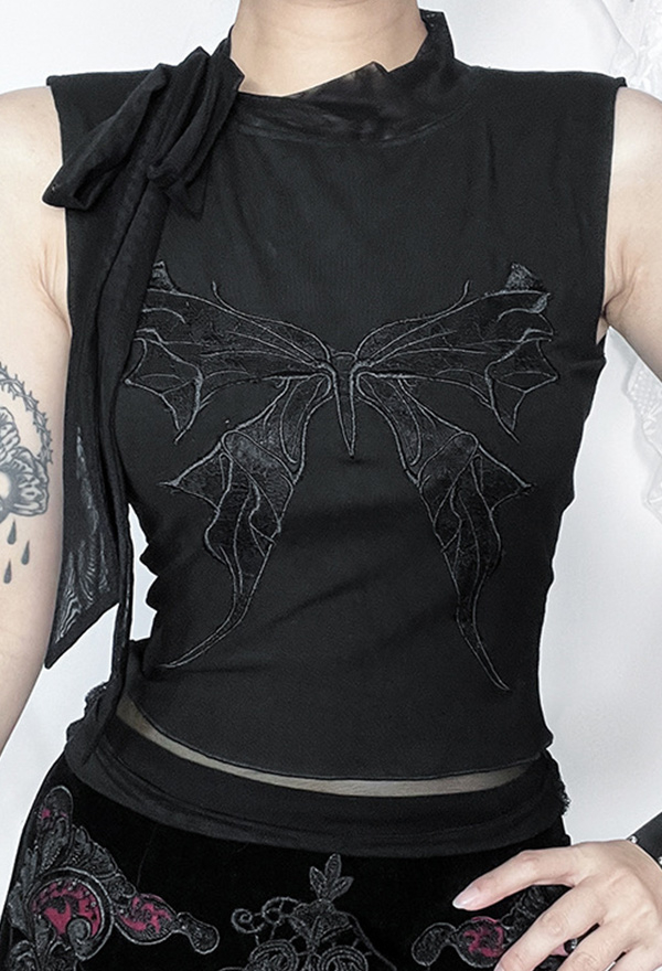 Gothic Style Black Sleeveless Vest Butterfly Embroidery Lace-up Top