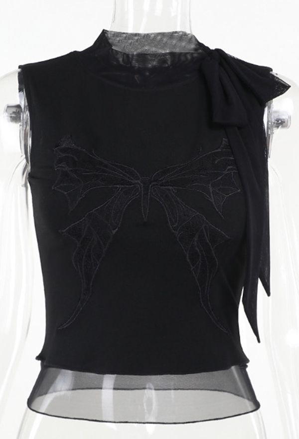 Gothic Style Black Sleeveless Vest Butterfly Embroidery Lace-up Top