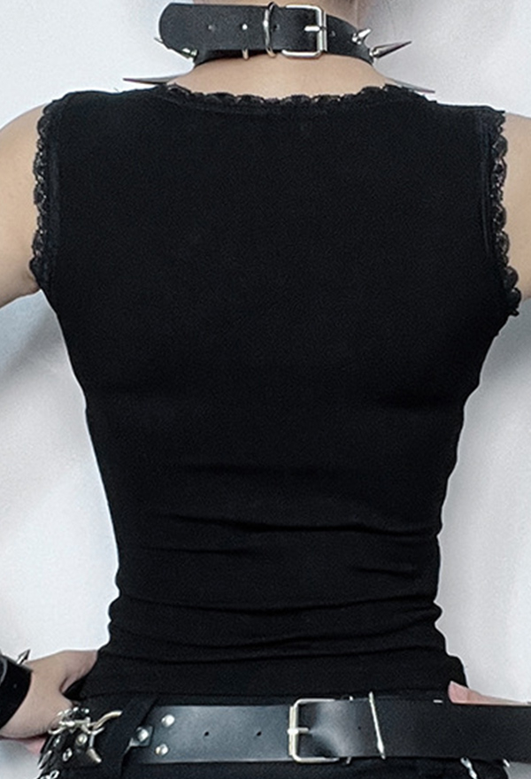 Gothic Style Black Vest Top Square-Neck Lace Decor Vintage Floral Print Sleeveless Top