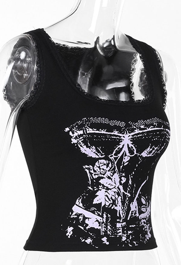 Gothic Style Black Vest Top Square-Neck Lace Decor Vintage Floral Print Sleeveless Top