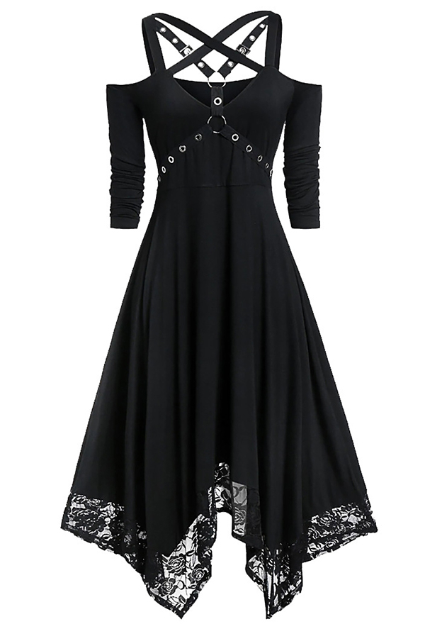 Punk Black Dress Lace Trim Long Sleeve Irregular Dress