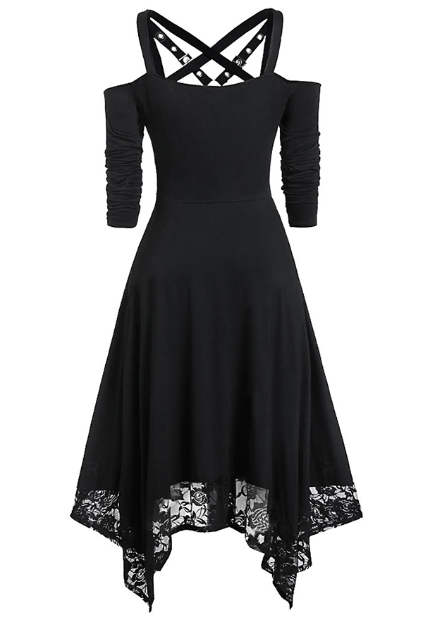 Punk Black Dress Lace Trim Long Sleeve Irregular Dress