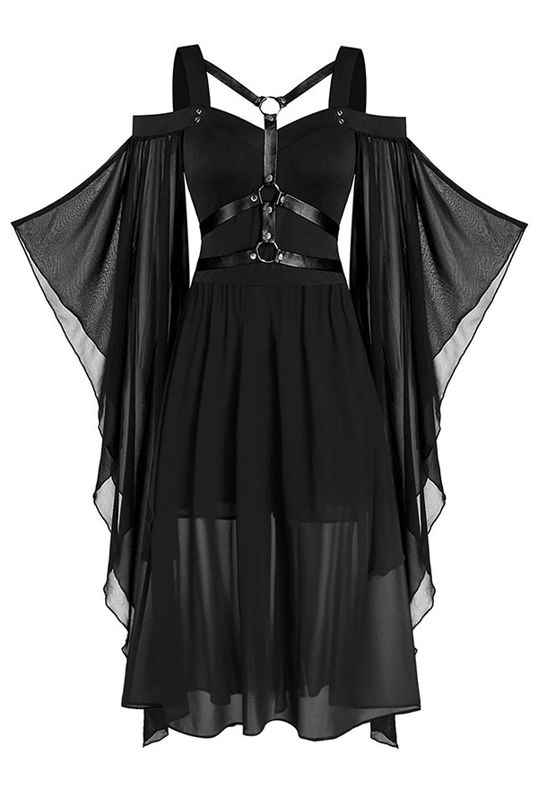 Gothic Maxi Wide Bell Sleeves Irregular Patchwork Dress Halloween Witch Strap Bondage Dress