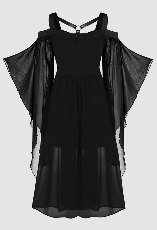 Gothic Maxi Wide Bell Sleeves Irregular Patchwork Dress Halloween Witch Strap Bondage Dress