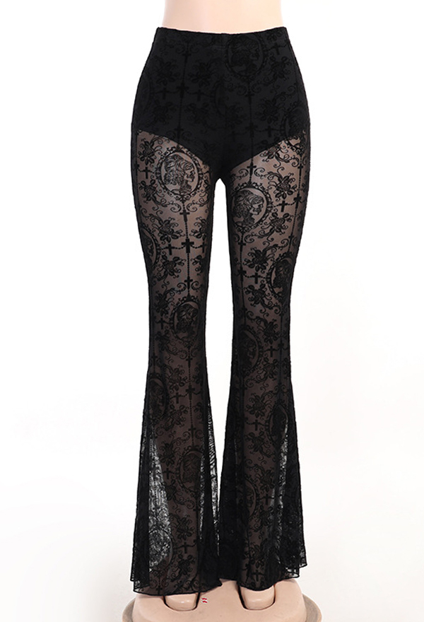 Gothic Style Black Trousers Lace See-Through Long Flared Pants