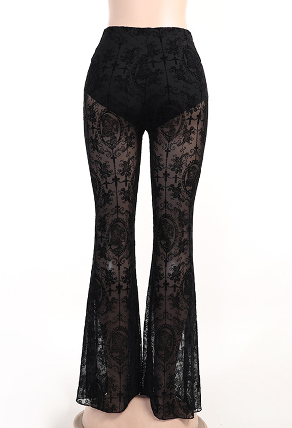 Gothic Style Black Trousers Lace See-Through Long Flared Pants