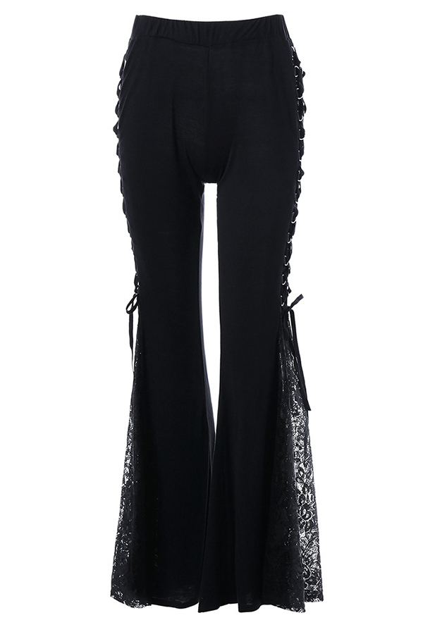 Gothic Style Black Flare Pants Punk Lace Trim Wide Leg Pants