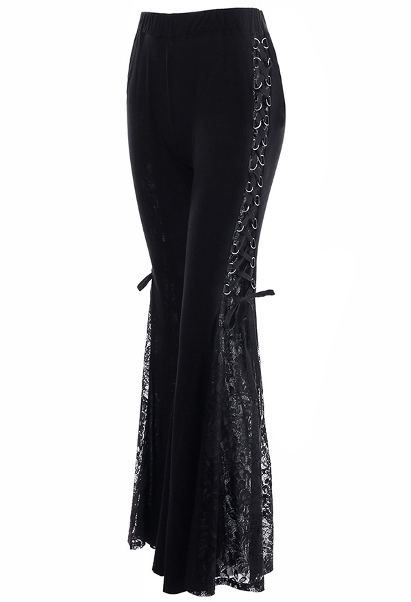 Gothic Style Black Flare Pants Punk Lace Trim Wide Leg Pants