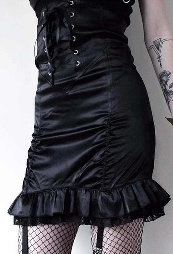 Gothic Black High Waist Hip Skirt Ruffles Mini Skirt A-Line Half Skirt