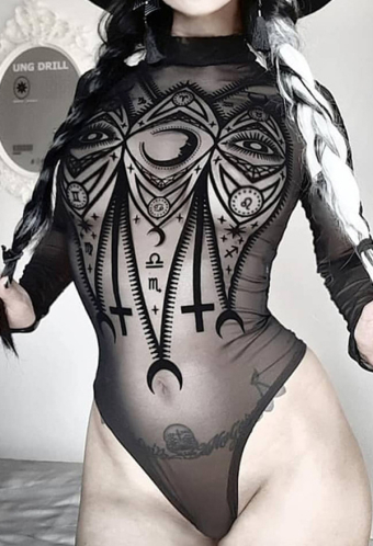 Gothic Style Black Bodysuit Transparent Moon Cross Pattern Mesh Bodysuit