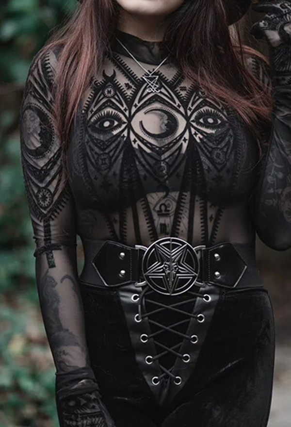 Gothic Style Black Bodysuit Transparent Moon Cross Pattern Mesh Bodysuit