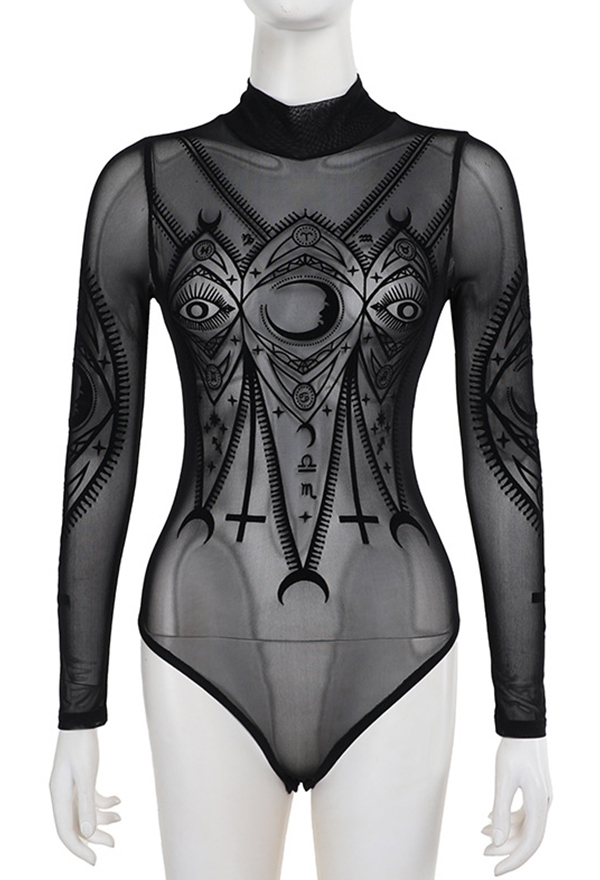 Gothic Style Black Bodysuit Transparent Moon Cross Pattern Mesh Bodysuit