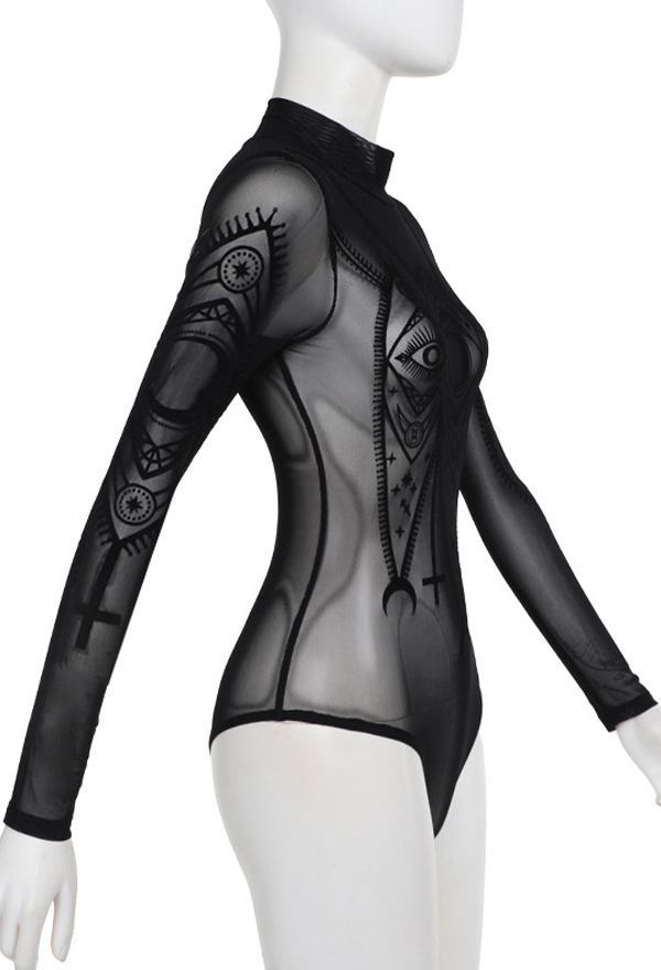 Gothic Style Black Bodysuit Transparent Moon Cross Pattern Mesh Bodysuit